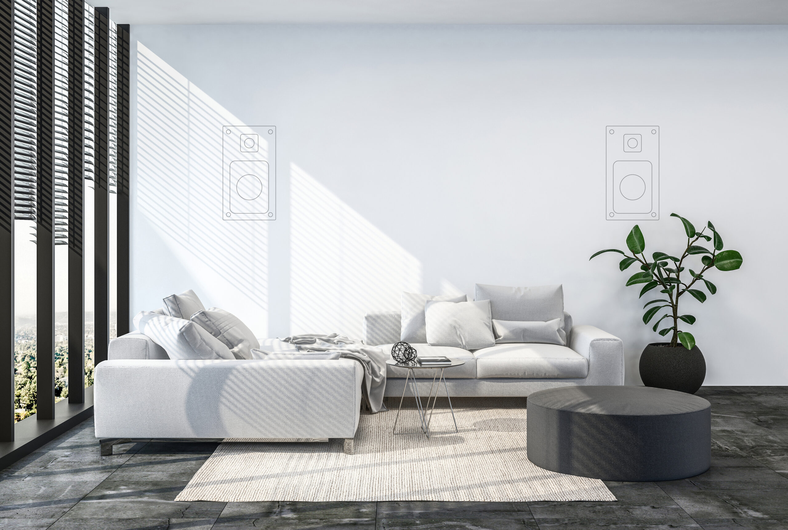 Modern living room interior with white wall. 3d Rendering.